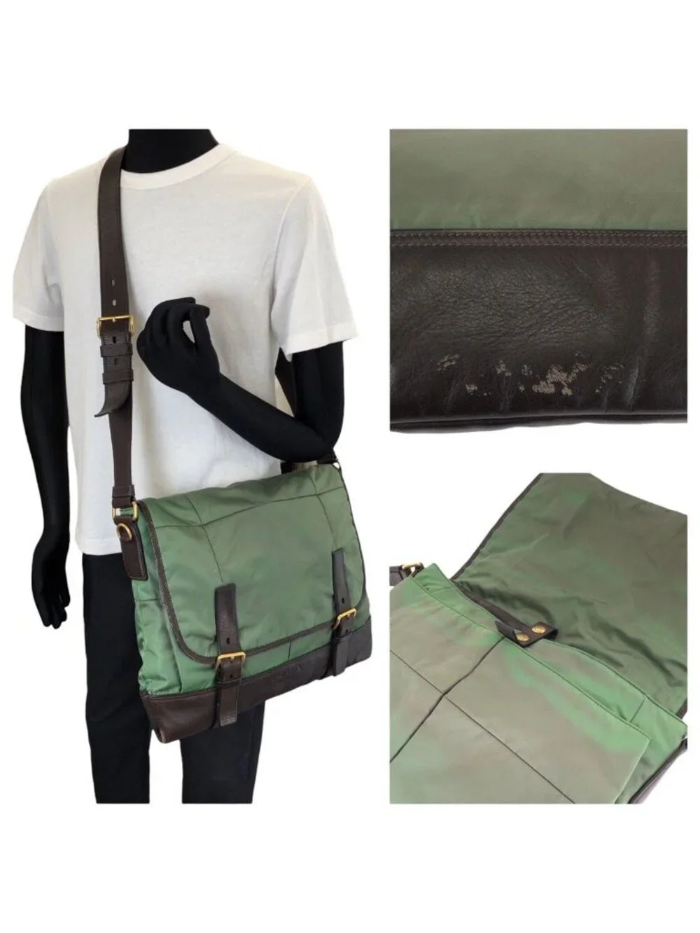 Prada Vintage Tessuto Front Logo Green Dark Brown Gold Nylon Leather Shoulder
